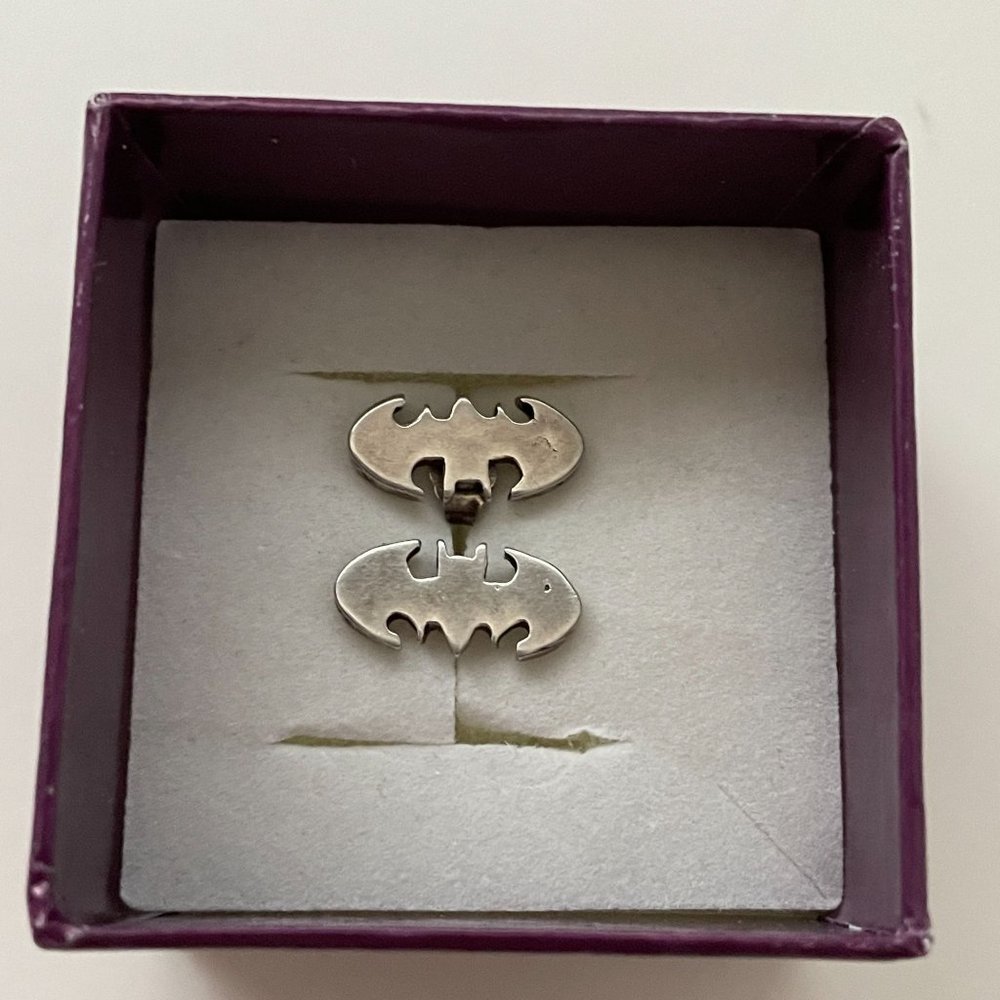 TM & DC Comics Batman Logo Earrings Cutout Sterling Silver Stud - Picture 13 of 13